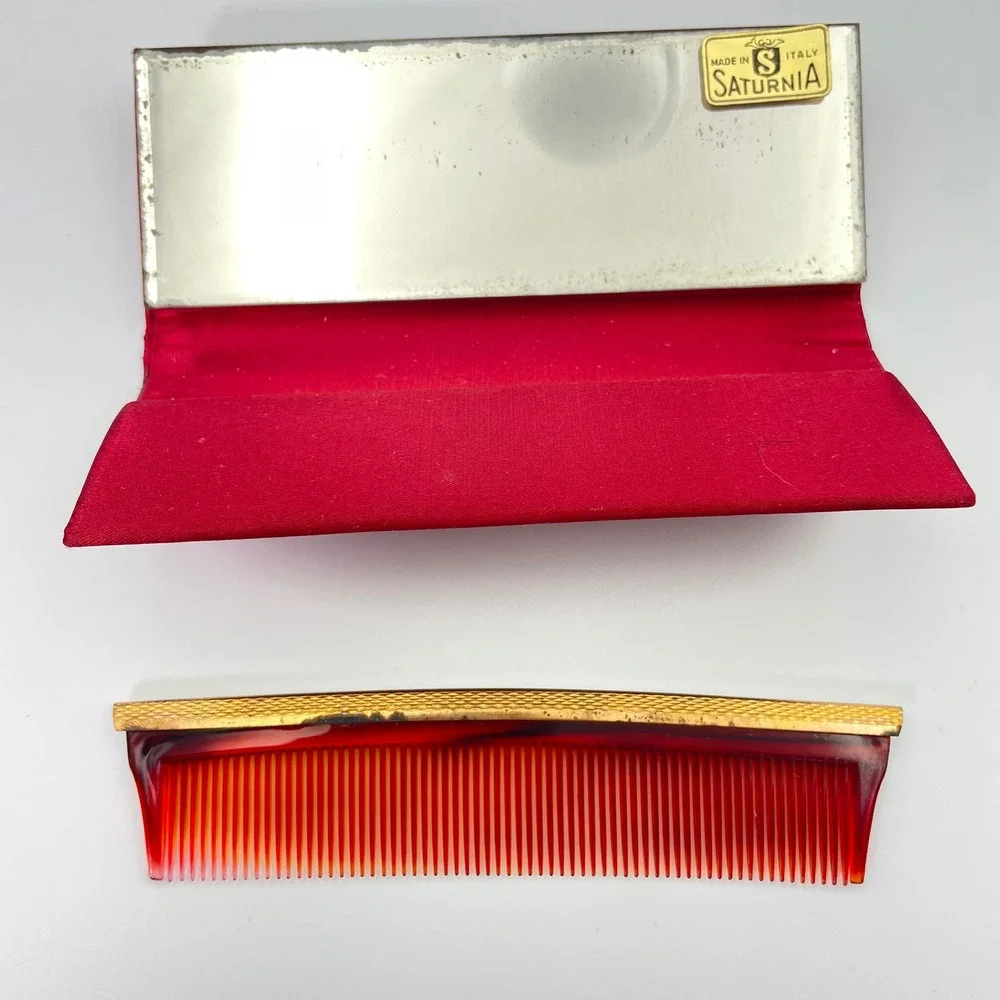Vintage Saturnia Italy Vanity Comb Mirror Set Red Case Limoges‎ Portrait Rare